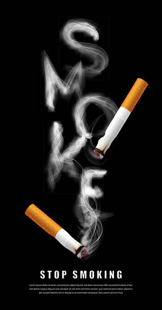 Зупинити куріння кампанії ілюстрація без сигарети для здоров'я літери диму на чорному фоні
 - Вектор, зображення