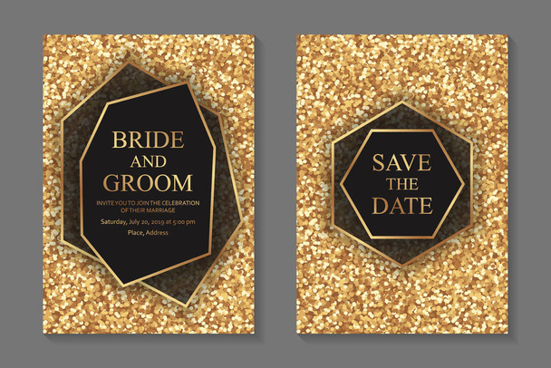 Set of modern geometric luxury wedding invitation design or card templates for business or presentation or greeting with golden glitter. - Vector, Image