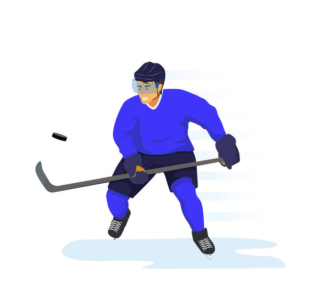 Eishockeyspieler in Sportkleidung und Helm mit Hockeyschläger und Puck fährt mit Schlachtruf auf Schlittschuhen. Vektorflache Design-Illustration. Charakterdesign auf transparentem Hintergrund - Vektor, Bild