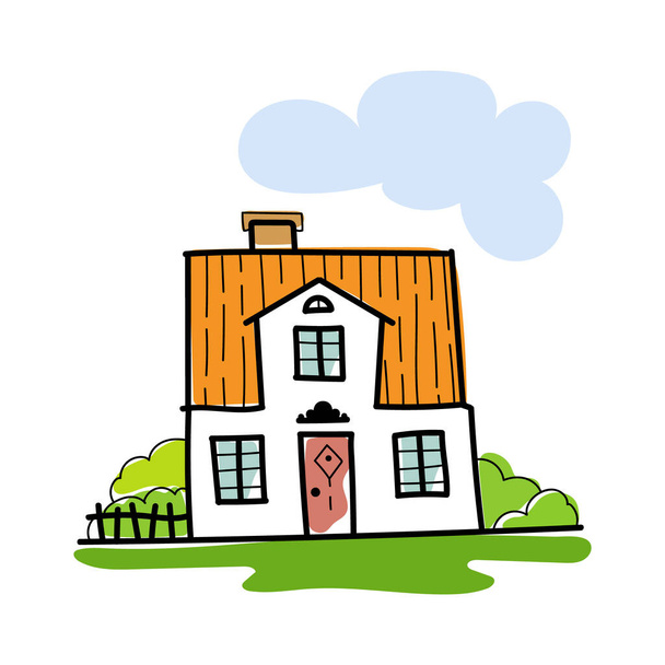 Piirros käsin piirretystä talosta, omakotitaloista, joissa on puita. Doodle sarjakuva vektori kuvitus Home Sweet Home. Talon ulkopuoli.  - Vektori, kuva
