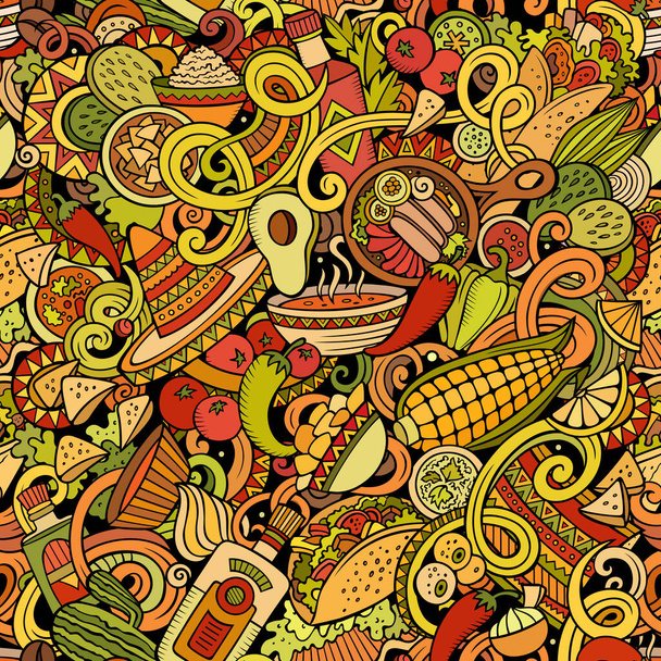 Meksykańskie jedzenie ręcznie rysowane bazgroły bezszwowy wzór. Pochodzenie etniczne kuchni. Kreskówkowe wzory tkanin etnicznych. Kolorowe ilustracja raster - Zdjęcie, obraz