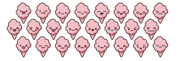 Cotton candy emoji vector characters set. Anime style cartoon sweet food. Funny kawaii face isolated clipart drawing. Carnival party cloud snack. Cute illustration. - Vector, imagen
