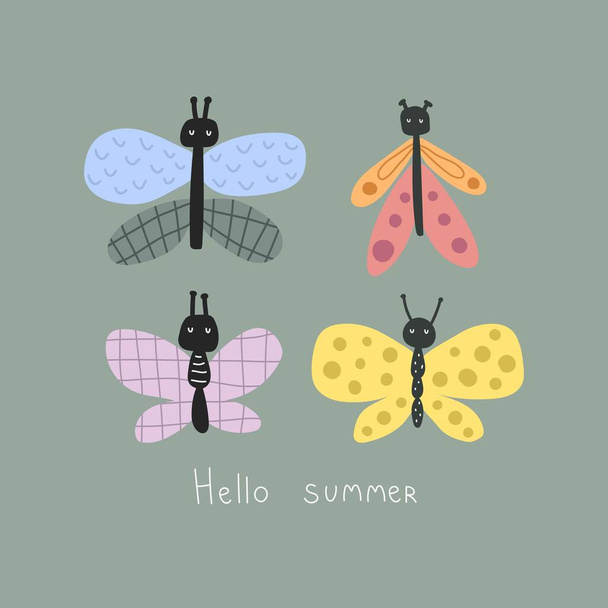 hello summer. Cartoon butterfly, hand drawing lettering, decor elements. colorful vector illustration, flat style. design for cards, print, posters, logo, cover - Vektor, obrázek