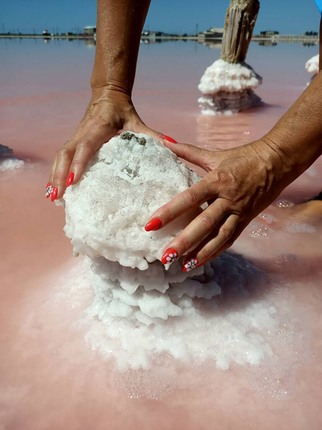 Dřevěný sloupec pokrytý bílou vrstvou soli v růžové růžové vodě jezera - Fotografie, Obrázek