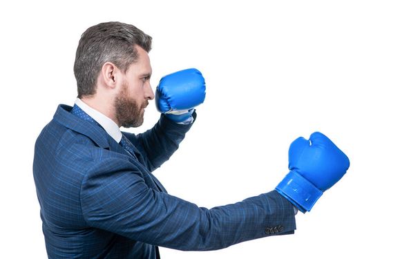 уверенный бизнесмен в костюме и боксерских перчатках удары изолированы на белый, боксер. - Фото, изображение