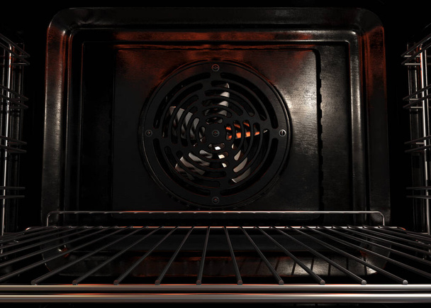 An upclose view of the inside of an empty operational household oven with a glowing element and metal rack - 3D render - Foto, Imagen