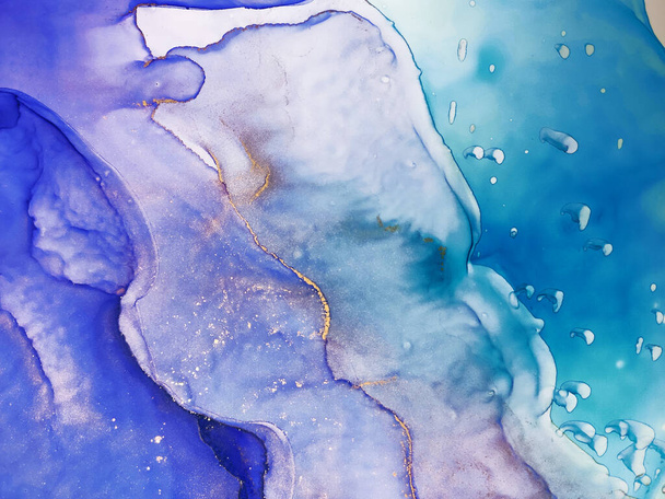 Alcohol Illustration. Aquamarine Streaks Aquarelle drawn. Sea water print. Ink Morbilli. Dark blue, White and Gold Spots. Water Alcohol Ink Drops. Alcohol Ink Art. - Fotó, kép