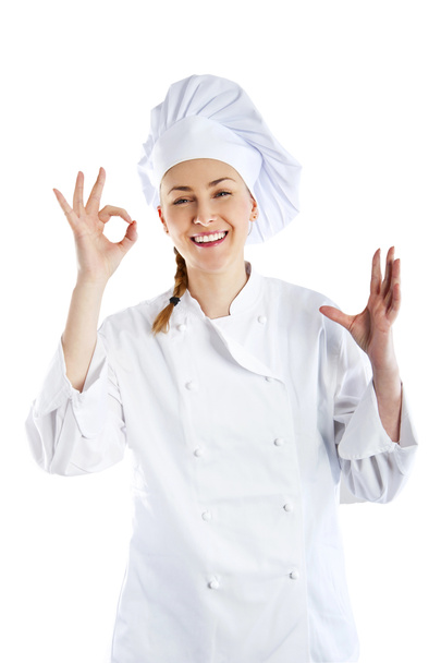 Chef woman giving a Perfect gesture with hand. Young beautiful f - Foto, imagen