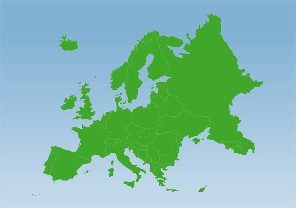 Зеленый силуэт физической Европы с границами между странами на белом фоне - Вектор,изображение