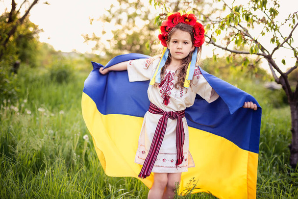 Ukraine's Independence Flag Day. Constitution day. Ukrainian child girl in embroidered shirt vyshyvanka with yellow and blue flag of Ukraine in field. flag symbols of Ukraine. Kyiv, Kiev day - Photo, Image