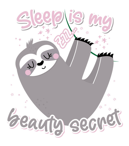 Sleeping is my beauty secret - cute sloth hanging on twig. Relax and enjoy the summer. Lazy lifestyles, feeling, summer vibes. Motivational quotes. Hand painted brush lettering wisdom quote. - Vector, imagen