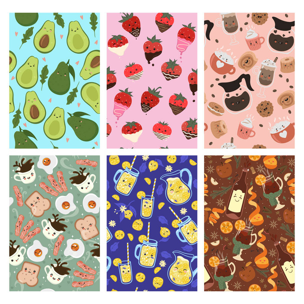 Set of seamless patterns with cute kawaii food. Vector image. - Vector, Image