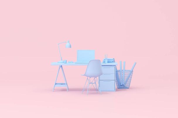 3D-рендеринг рабочего стола с ноутбуком и офисными принадлежностями. - Фото, изображение