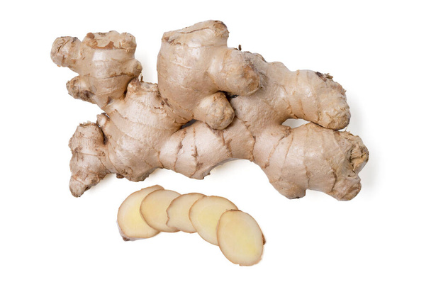 Isolated ginger root. Fresh ginger root rhizome with shredded ginger on white background, herb medical cutout. clipping path. - Photo, Image