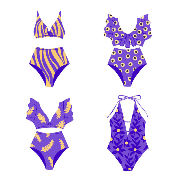 A set of fashionable swimwear in retro style.Purple bathing suits. Beachwear. Vector Flat Illustration - Vector, Image