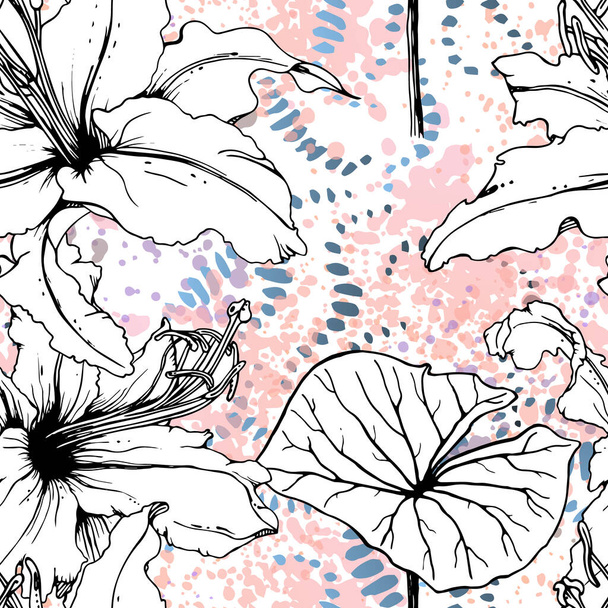 Floral Black and White Seamless Pattern. Modern Artistic Watercolor Print. Fashion Outline Flowers Surface. Botanic Vector Motif on Ink Stains Texture. Drawing Abstract Leaf. Trend Tropic Background. - Vektör, Görsel