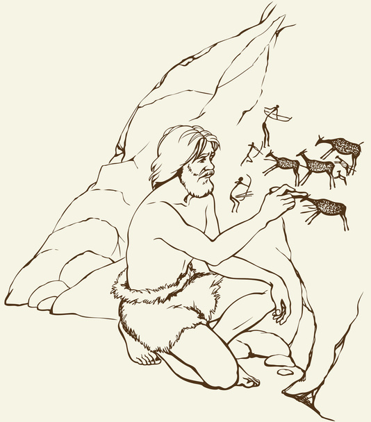 Vector picture. Primitive man draws on stone wall of cave - Vector, Image