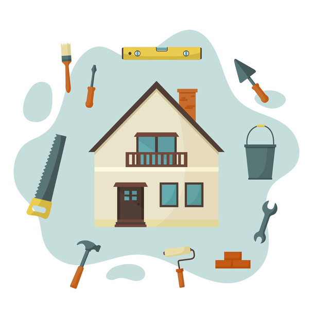Σπίτι με διαφορετικά δομικά εργαλεία. κτίριο ή επισκευή σπιτιού. Εικονογράφηση διανύσματος - Διάνυσμα, εικόνα