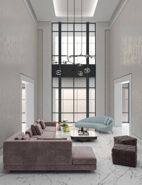 Ilustración 3D renderizado grandes interiores luminosos modernos de lujo Sala de estar maqueta ordenador imagen generada digitalmente - Foto, Imagen