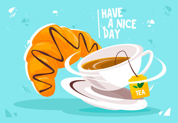  Vektor-Illustration eines Glases mit einem abgepackten Tee, eines Croissants mit dem Wunsch nach einem guten Tag, eines morgendlichen Frühstücks - Vektor, Bild