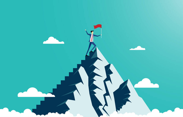 Leadership to reach business success. career achievement or performance worker winner concept. ambitious businessman leader holding winner flag standing pride on top of the mountain peak - Vektör, Görsel