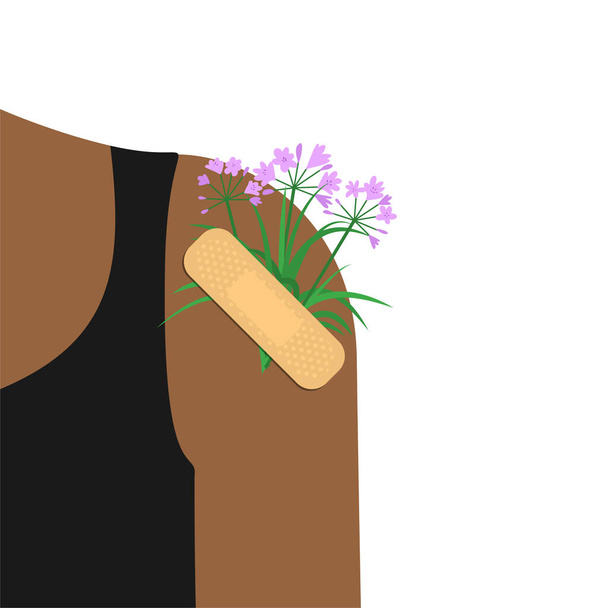 Κολλώντας γύψο με λουλούδια στον ανθρώπινο ώμο. - Διάνυσμα, εικόνα