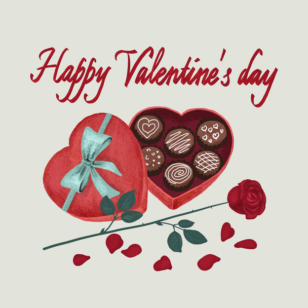 バレンタインデーのグリーティングカード。ハートの形をしたチョコレートと花びらのバラ - 写真・画像