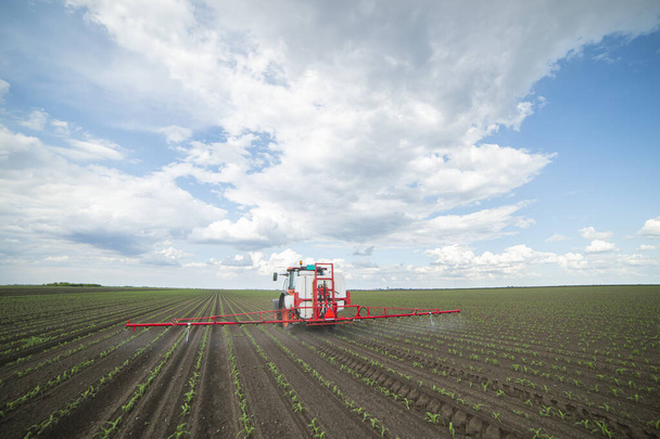 Campo de fertilização por pulverização de trator com produtos químicos herbicidas inseticidas no campo agrícola  - Foto, Imagem