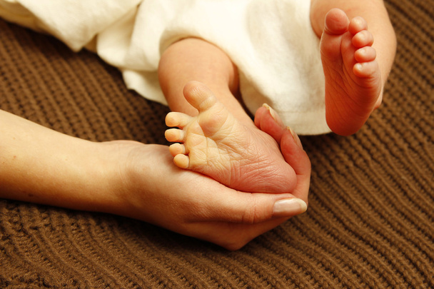 nogi noworodek mały w ręce matki - Zdjęcie, obraz