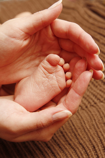 pierna bebé recién nacido en las manos de la madre
 - Foto, Imagen