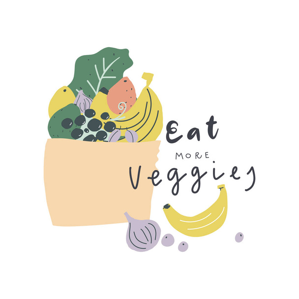 Vector hand drawn craft bag with fruits handwritten text eat more veggies - Vecteur, image