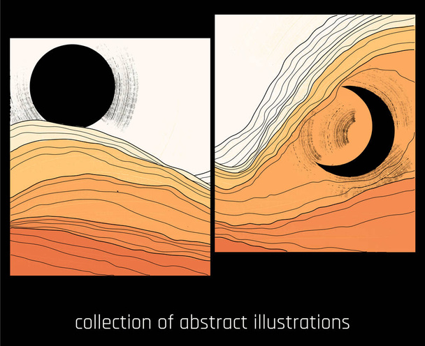  sbírka dvou krajin se stylizovanými horami, sluncem a měsícem v černé a zlaté paletě - Vektor, obrázek