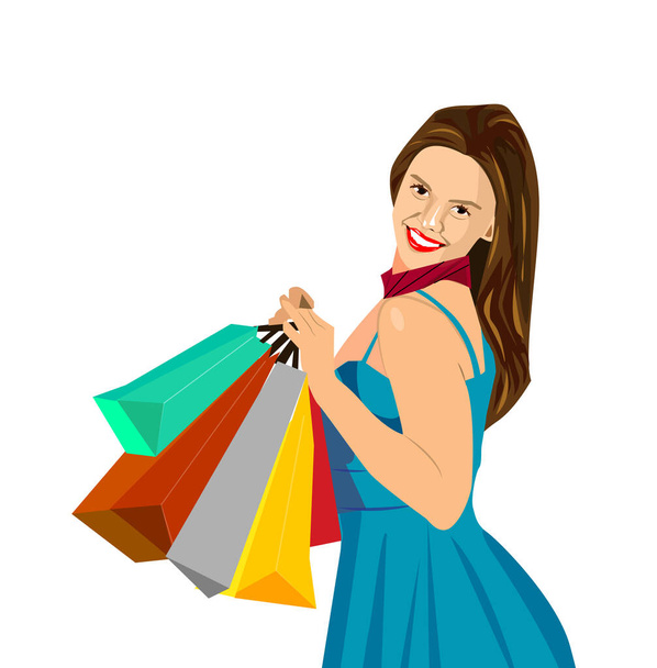 Young beautiful girl enjoys her shopping holding lots of shopping bags isolated illustration - 写真・画像