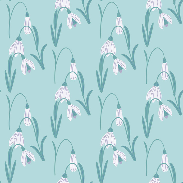 White campanula seamless pattern in wild nature stylistic. Blue background. Botanic doodle backdrop. Flat vector print for textile, fabric, giftwrap, wallpapers. Endless illustration. - Vettoriali, immagini