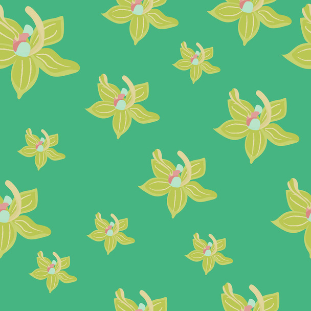 Pale yellow random orchid flowers silhouettes seamless pattern. Turquoise background. Bloom ornament. Designed for fabric design, textile print, wrapping, cover. Vector illustration. - Vector, Image