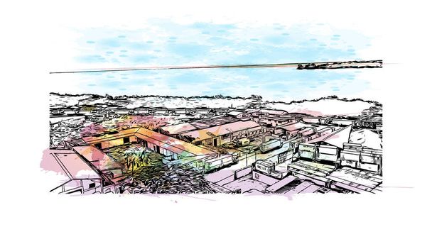 Vytisknout Pohled na budovu s orientačním bodem Bissau je hlavním městem Guineje Bissau. Akvarelové stříknutí s ručně kresleným náčrtem ilustrace ve vektoru. - Vektor, obrázek