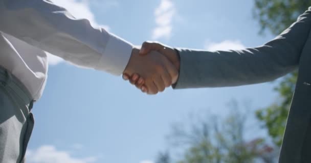 Internationaal partnerschap. close-up van Kaukasische zakenman en Afrikaanse Amerikaanse zakenvrouw schudden handen over de hemel - Video