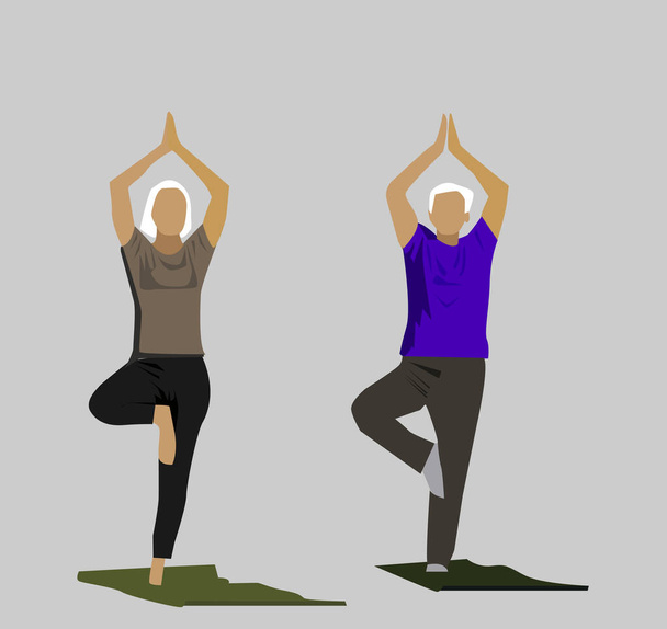 Cute cartoon senior couple doing yoga, illustration isolated on white background. Older man and woman in tree pose. Modern minimal flat vector style. - 写真・画像