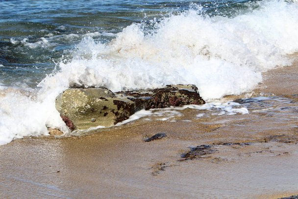 Kuzey İsrail 'de Akdeniz kıyılarında büyük taşlar bulunur.  - Fotoğraf, Görsel