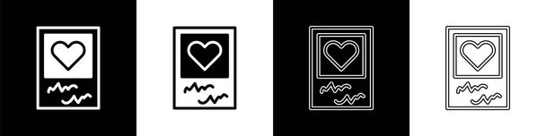 Set Blanks photo frames and hearts icon isolated on black and white background. Valentines Day symbol.  Vector. - Διάνυσμα, εικόνα