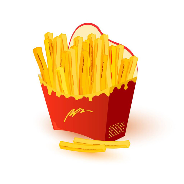 Appetizing, crispy, salty french fries in paper cup, disposable packing. Hot potato finger chips. - Vector, Image