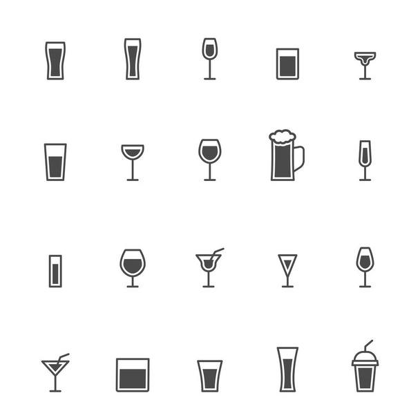 Skleněné ikony nastaveny. Skupina černých nápojů. Lineární sbírka skla. Káva, vodka, pivo, šampaňské, víno, koňak, whisky, martini a různé koktejly. Vektor izolovaný na bílém - Vektor, obrázek