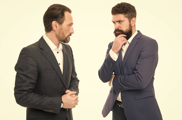 Education for business. Successful entrepreneurship. Partnership project. Business team. Business meeting. Collaboration and teamwork. Bearded businessmen in formal clothes. Boss and employee - Фото, зображення