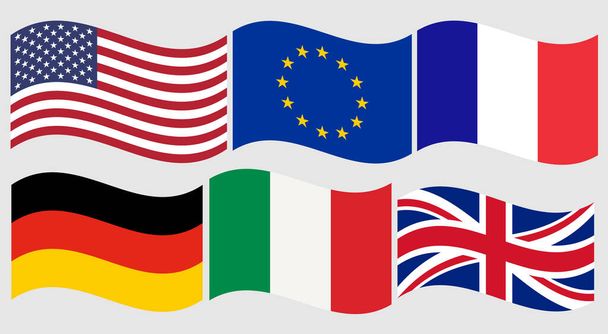 развевающиеся флаги США, Европы, Франции, Германии, Италии и Великобритании - Фото, изображение