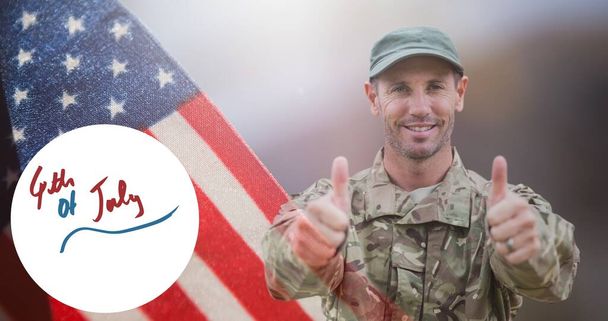 Composition of 4th of july text over soldier giving thumbs up and american flag. independence day celebration, tradition and patriotism concept digitally generated image. - Foto, Imagem