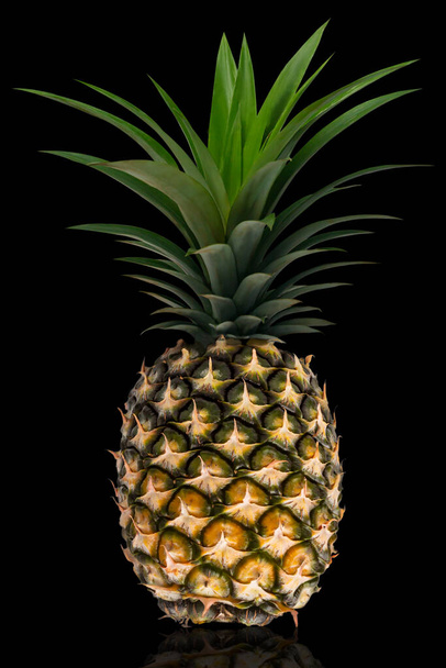 One whole pineapple with green leaves isolated on black background with clipping paths. - Foto, afbeelding