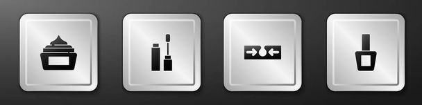 Set Cream or lotion cosmetic tube, Mascara brush, Acne and Nail polish bottle icon. Silver square button. Vector - Vetor, Imagem