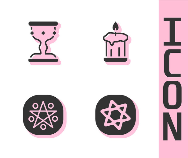 Set Tarot cards, Medieval goblet, Pentagram in circle and Burning candle icon. Vector - Vector, Image