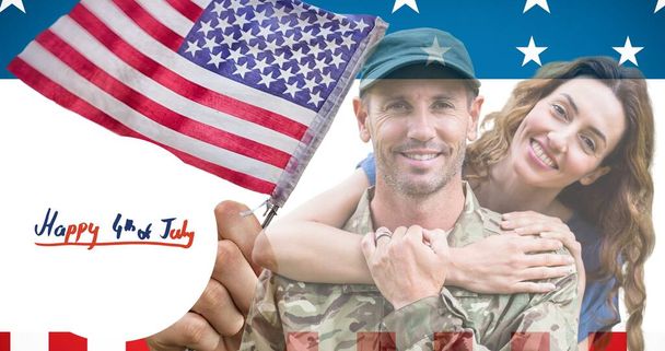 Composition of happy 4th of july text over smiling soldier with his wife and american flag. independence day celebration, tradition and patriotism concept digitally generated image. - Foto, Imagen