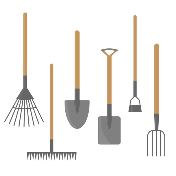  Комплект садового оборудования. Грабли, вилки, лопаты, лопаты и мотыги. Плоский вектор - Вектор,изображение